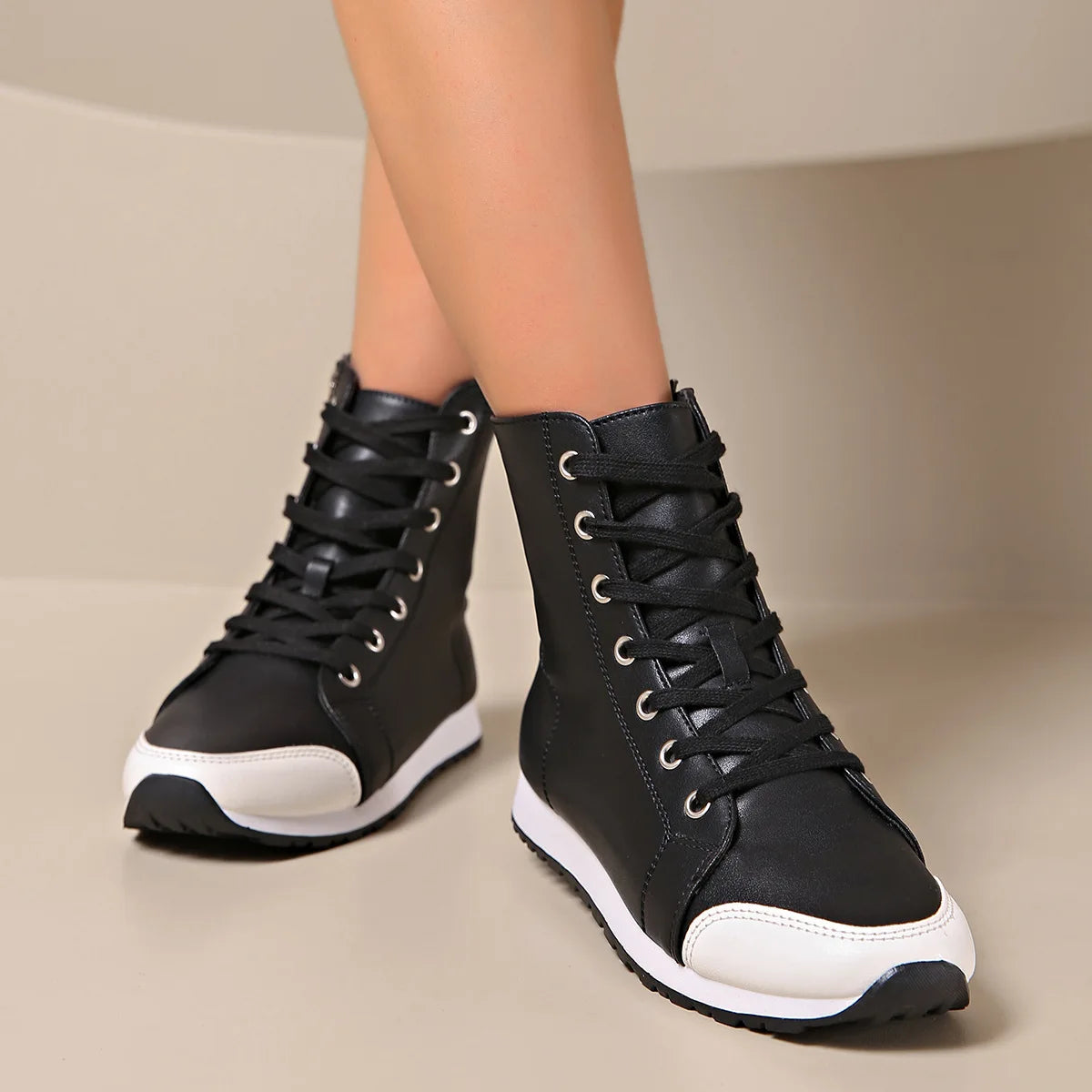 Neve | Women's Lace Up High Top Sneaker Black White