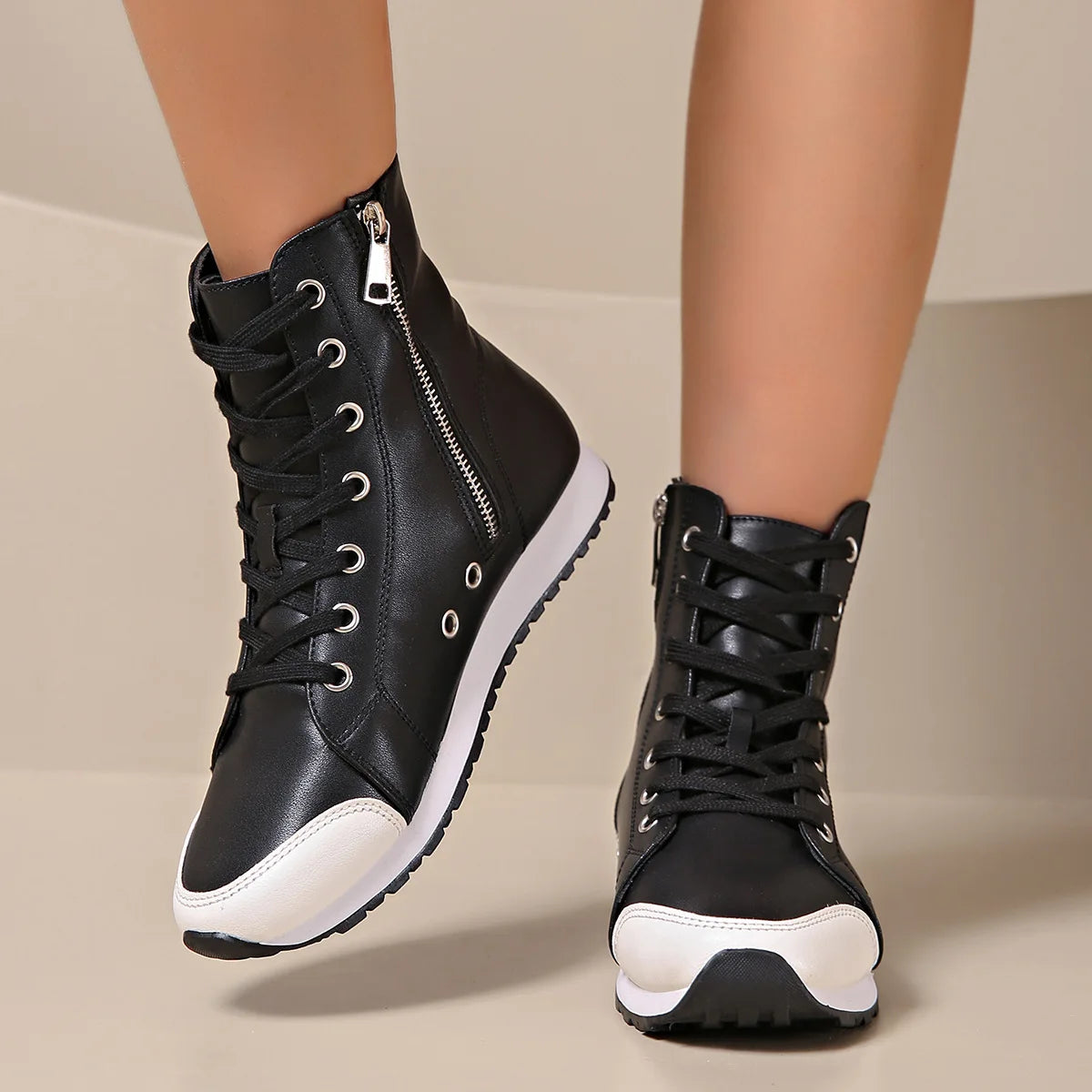Neve | Women's Lace Up High Top Sneaker Black White