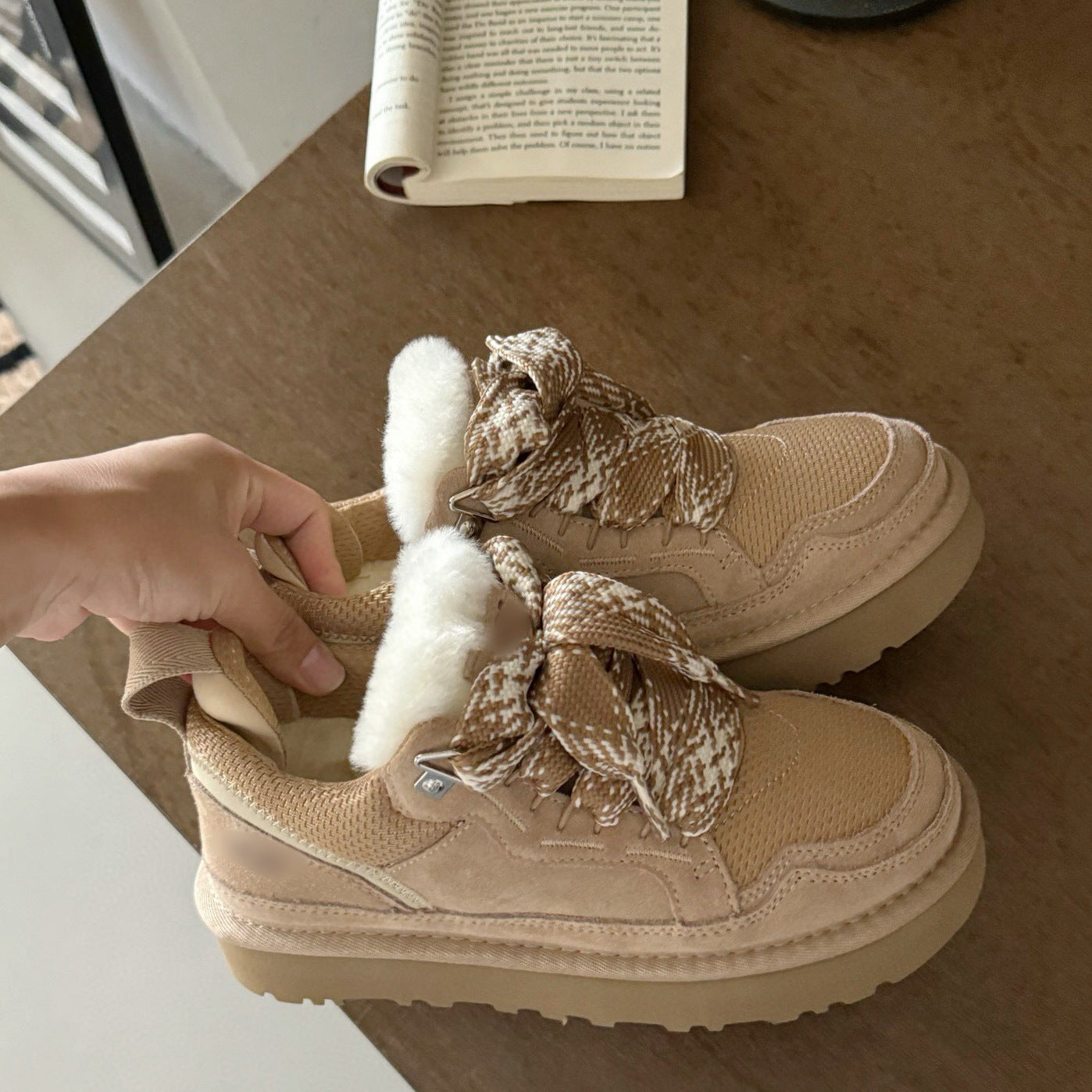 Neve | Women's Beige Platform Boots Lace Up Sherpa Collar