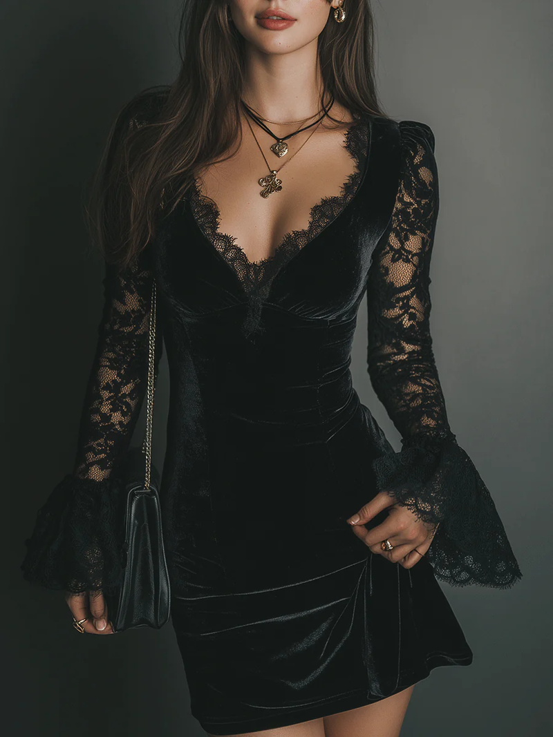 Opal | Women's Velvet Lace Wrap Dress Black Long Sleeve