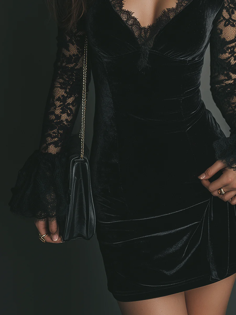 Opal | Women's Velvet Lace Wrap Dress Black Long Sleeve