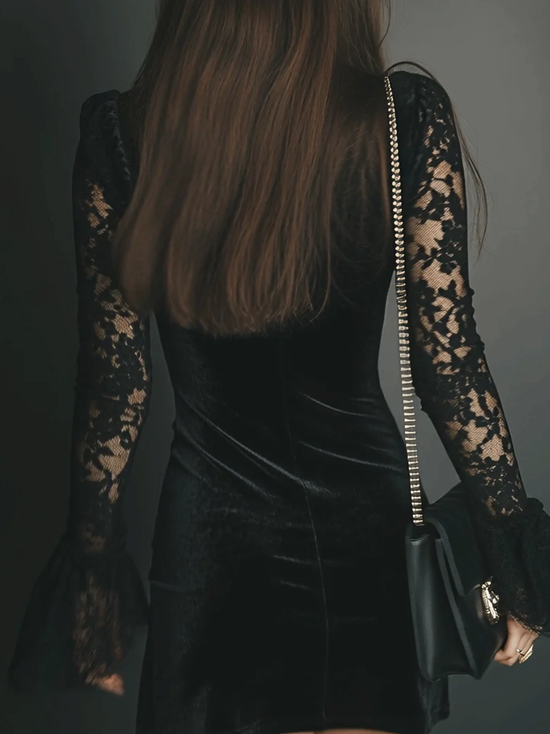 Opal | Women's Velvet Lace Wrap Dress Black Long Sleeve