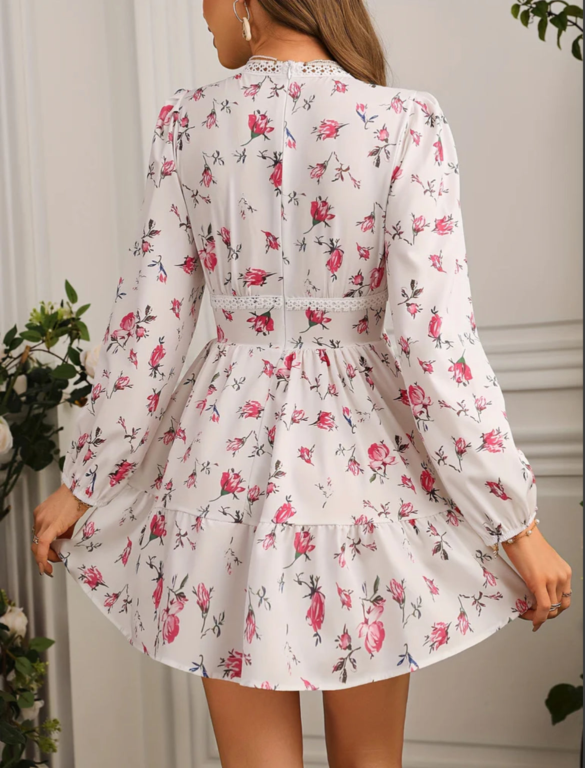 Neve | Women's Floral Midi Dress Puff Sleeve Cream V Neck