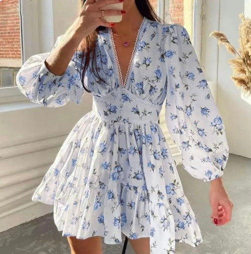 Neve | Women's Floral Midi Dress Puff Sleeve Cream V Neck