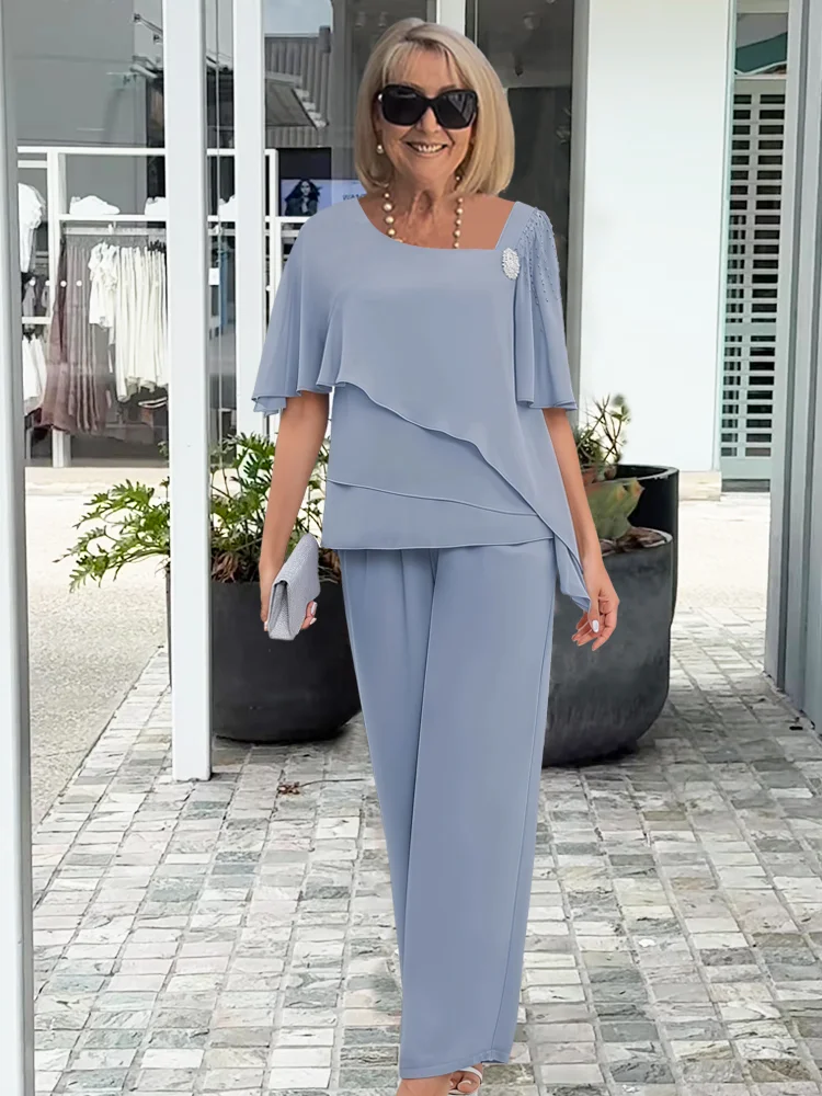 Ada | Women's Chiffon Layered Top Periwinkle Blue Short Sleeve