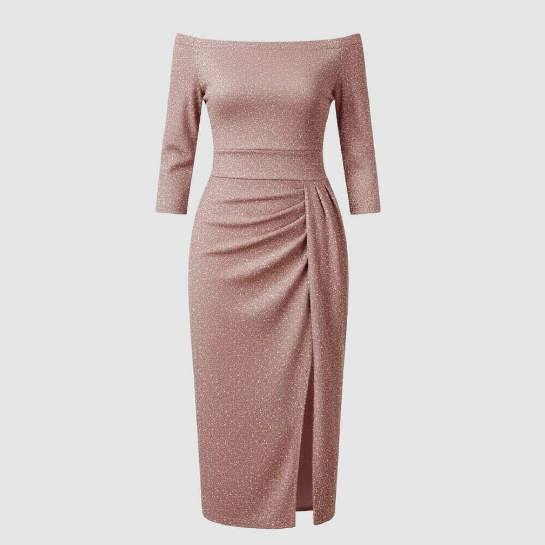 Neve | Women's Off Shoulder Midi Dress Beige Ruched