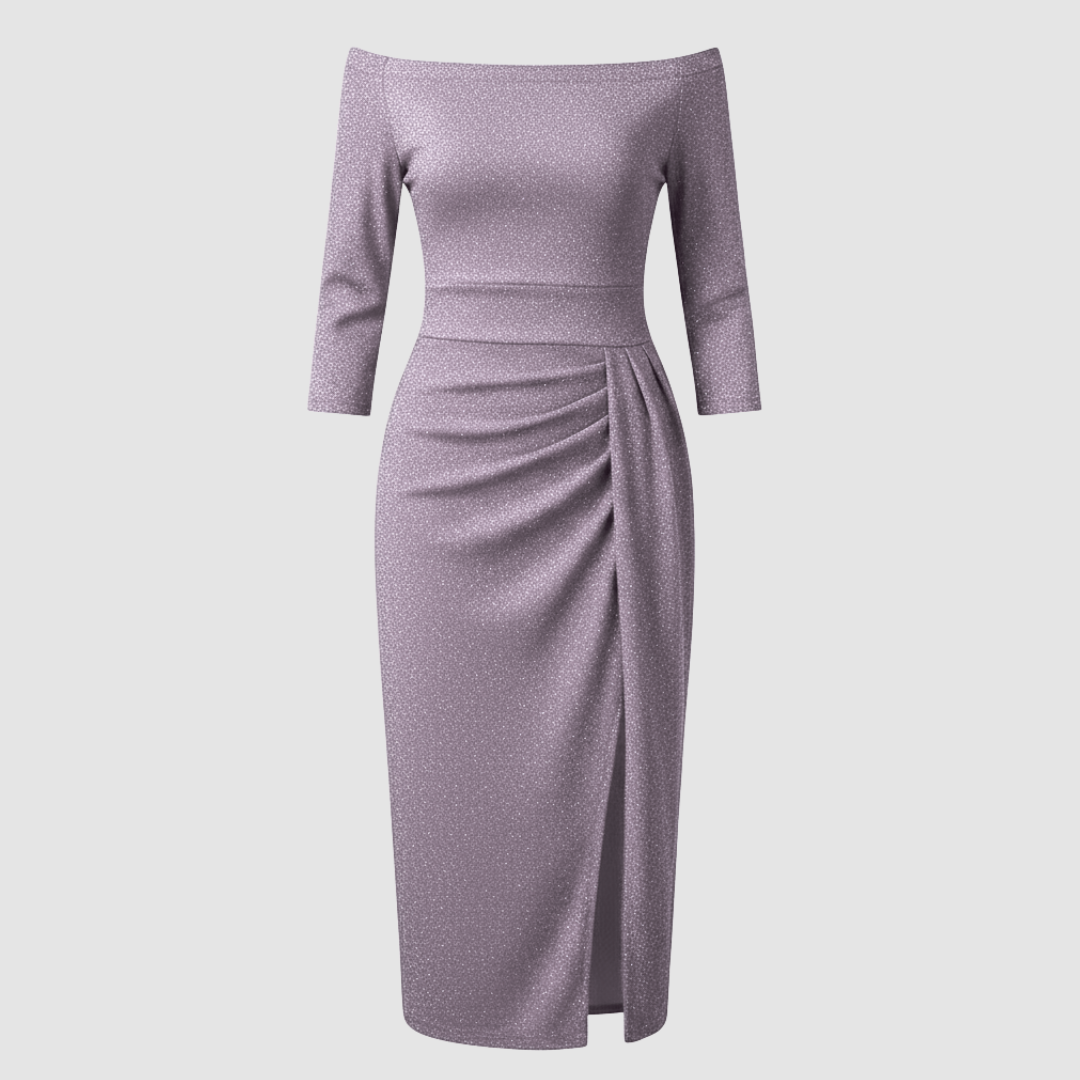 Neve | Women's Off Shoulder Midi Dress Beige Ruched