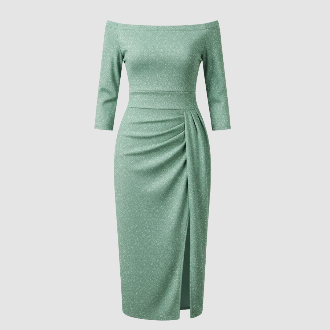 Neve | Women's Off Shoulder Midi Dress Beige Ruched