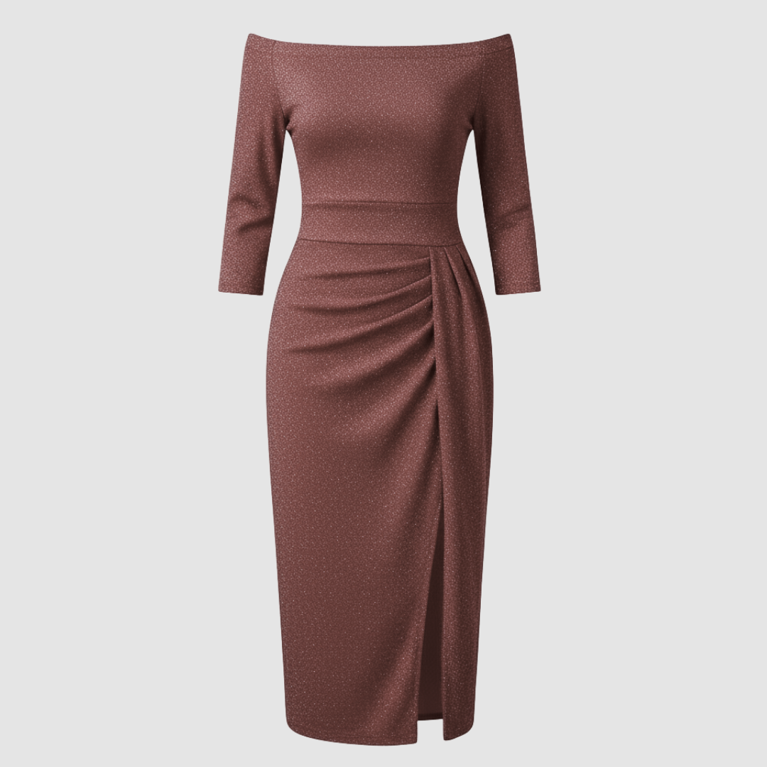 Neve | Women's Off Shoulder Midi Dress Beige Ruched