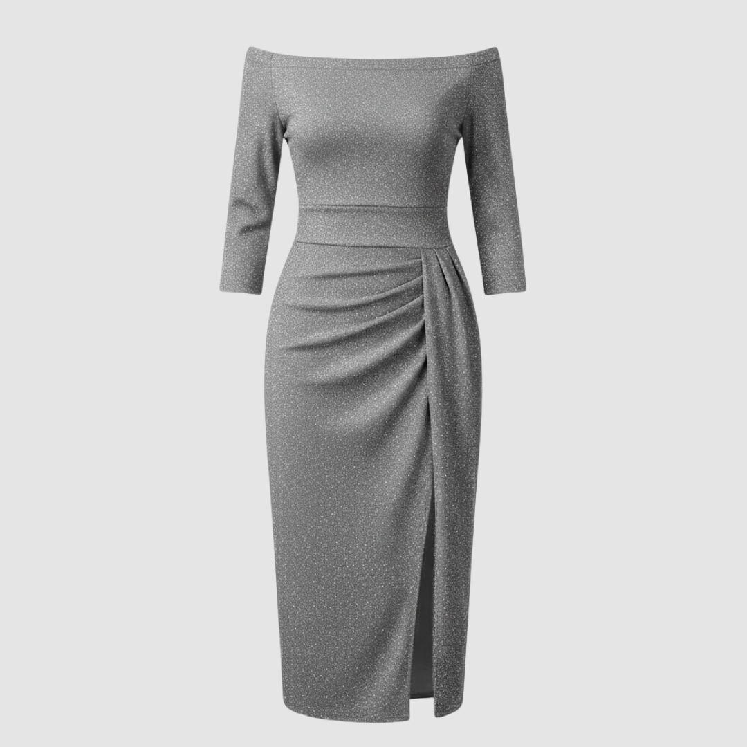 Neve | Women's Off Shoulder Midi Dress Beige Ruched