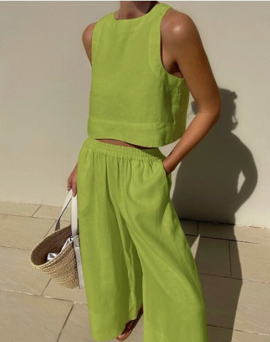 Lola | Women's Linen Two Piece Set White Cropped Tank Wide Leg