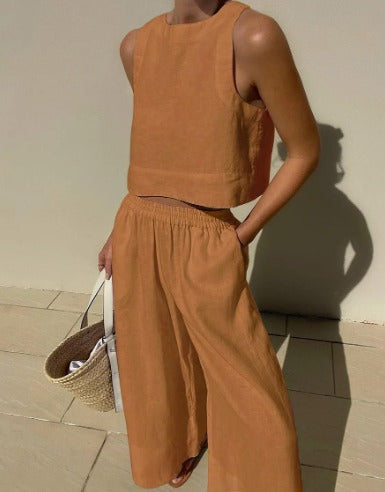 Lola | Women's Linen Two Piece Set White Cropped Tank Wide Leg