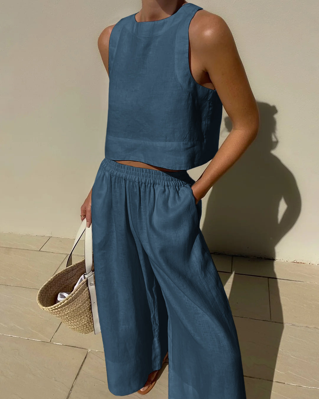 Lola | Women's Linen Two Piece Set White Cropped Tank Wide Leg