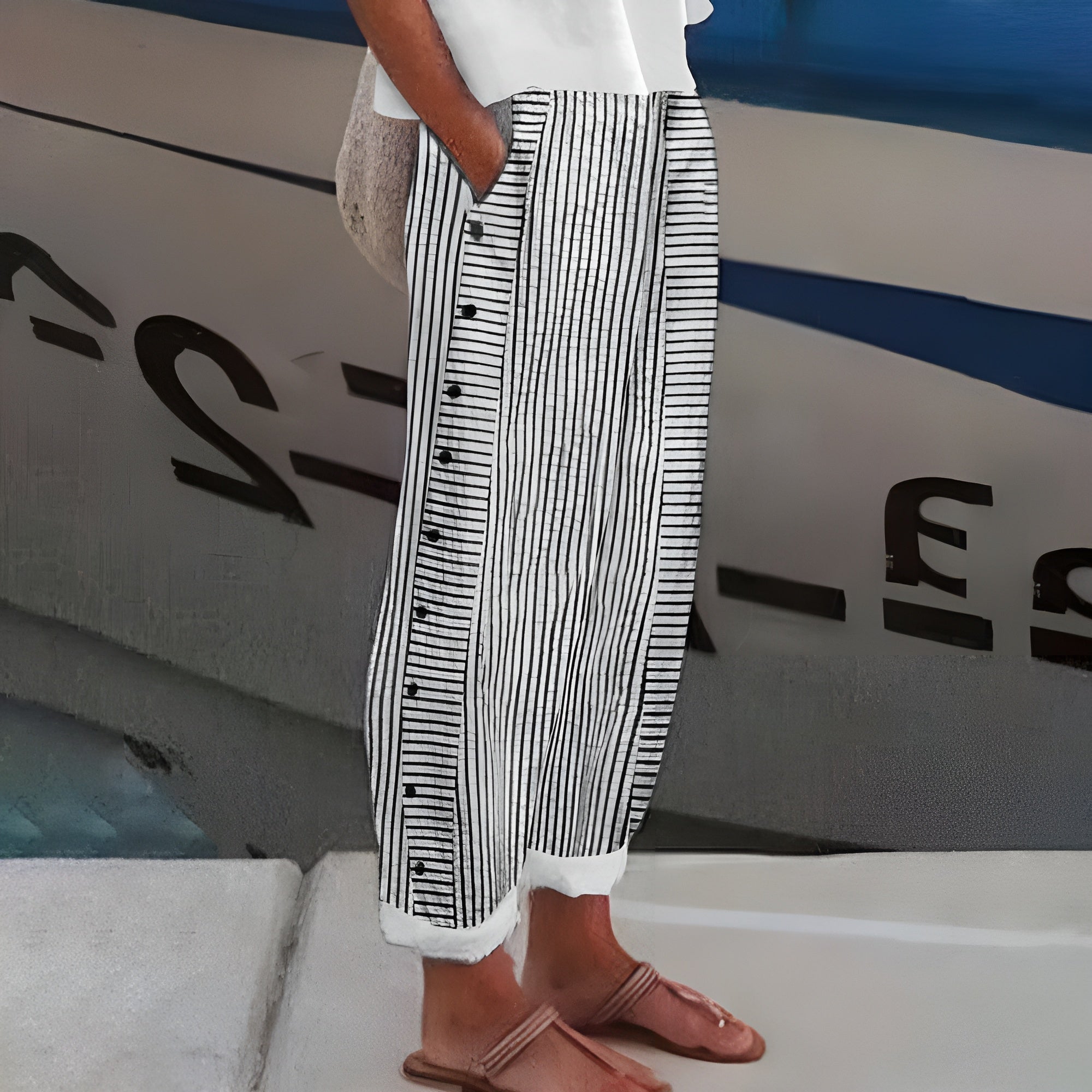 Margot | Women's High Waisted Wide Leg Pants Light Blue Striped