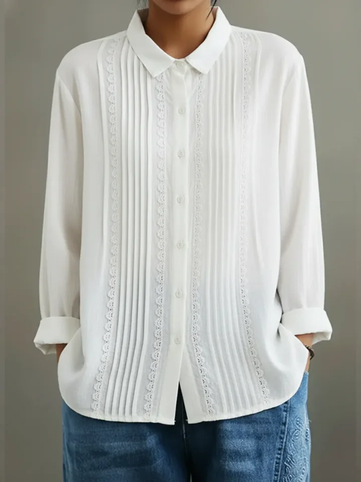 Gemma | Women's Pleated Lace Button Down Blouse Cream