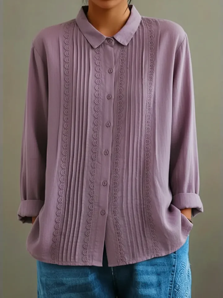 Gemma | Women's Pleated Lace Button Down Blouse Cream