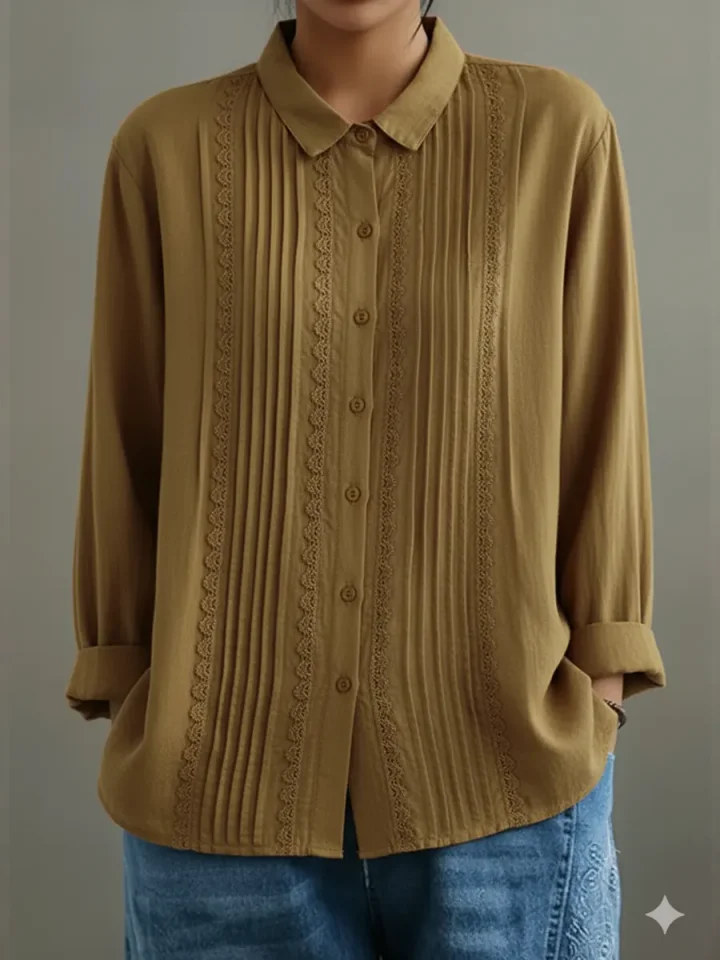 Gemma | Women's Pleated Lace Button Down Blouse Cream