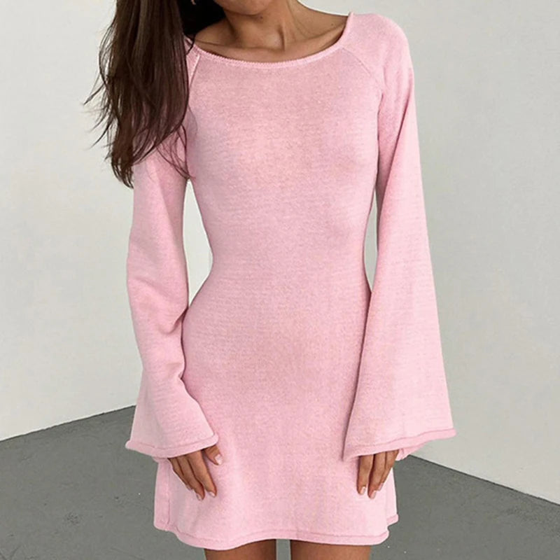 Opal | Women's Knit Sweater Dress Pink Bell Sleeve