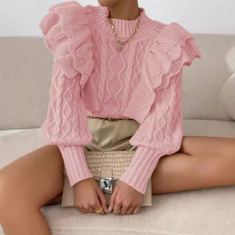 Dama Washington Elettra women's ruffle cable knit long sleeve sweater - view 3