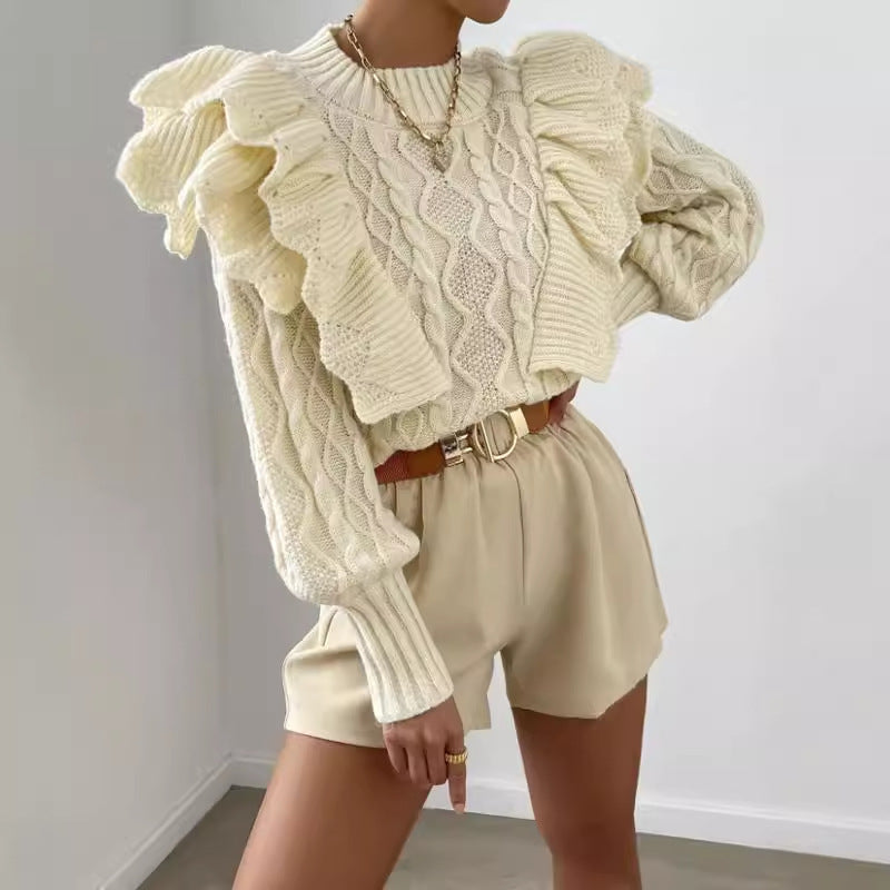 Dama Washington Elettra women's ruffle cable knit long sleeve sweater - front view