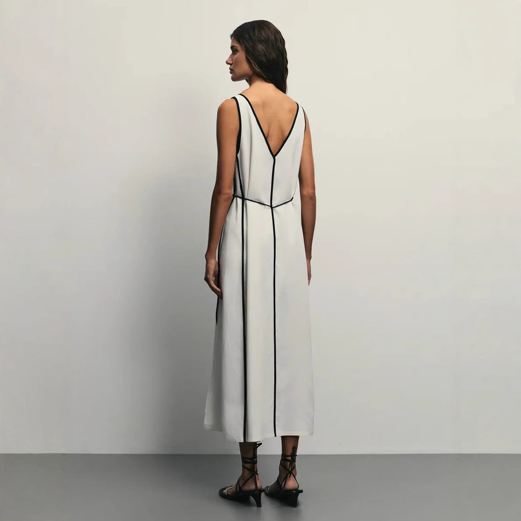 Margot | Women's V Neck Midi Dress Cream Black Trim Sleeveless