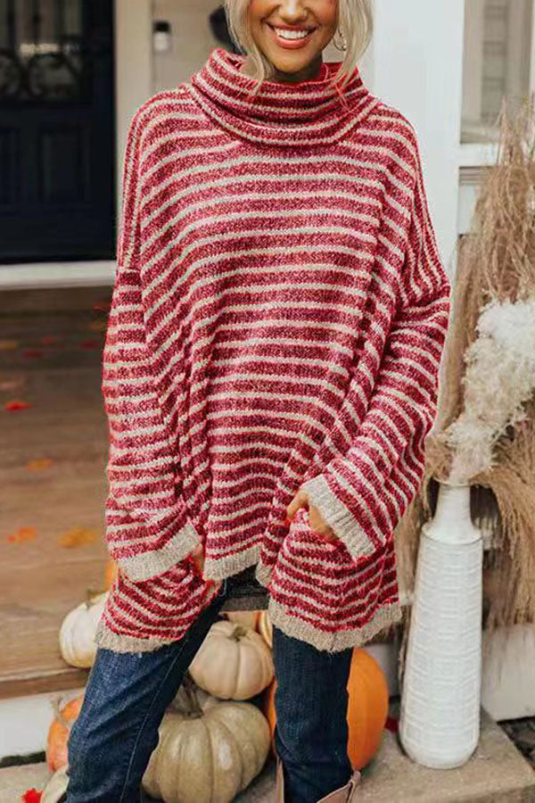 Vera | Women's Oversized Striped Turtleneck Sweater Green Cream