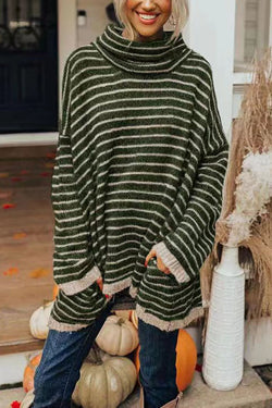 Vera | Women's Oversized Striped Turtleneck Sweater Green Cream