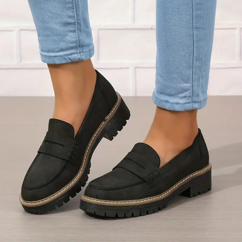 Romy | Women's Black Loafer Platform Sole Chunky Tread