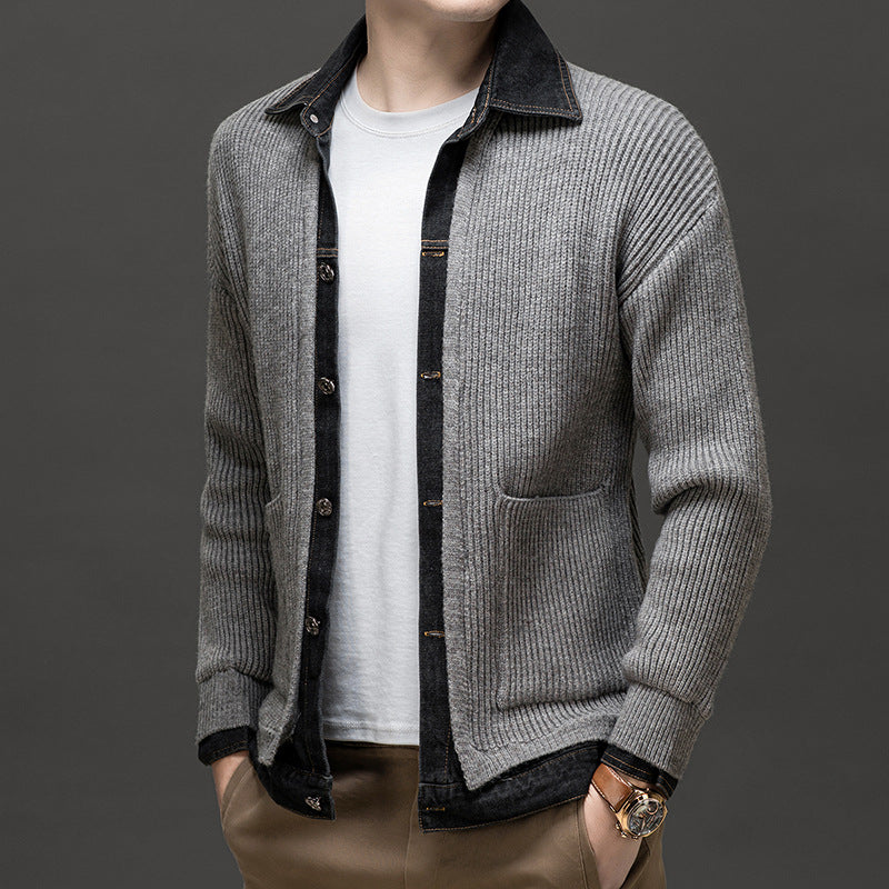 Marco | Men's Ribbed Denim Collar Cardigan Black