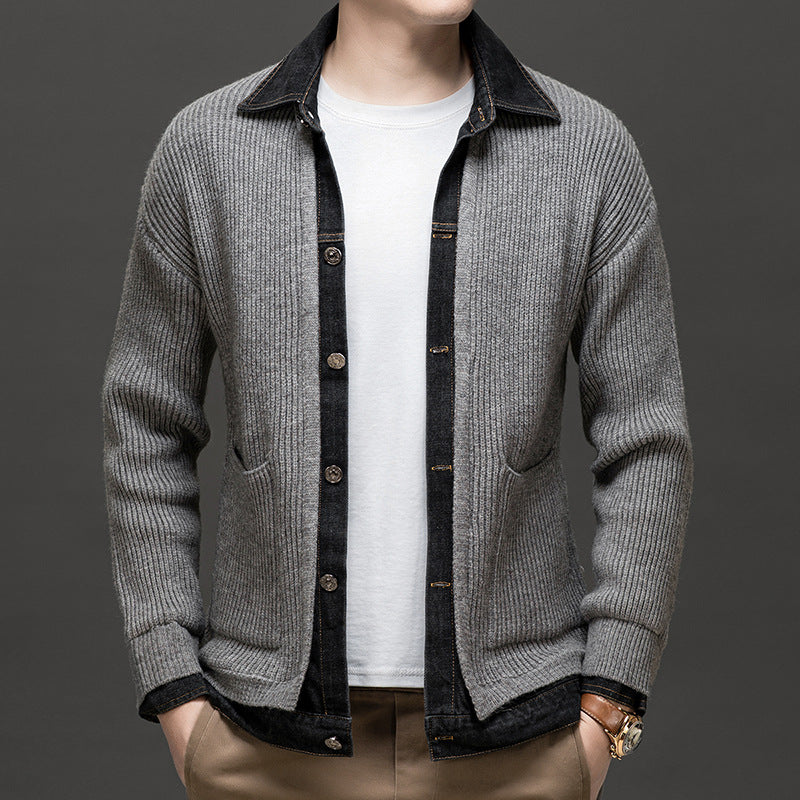 Marco | Men's Ribbed Denim Collar Cardigan Black