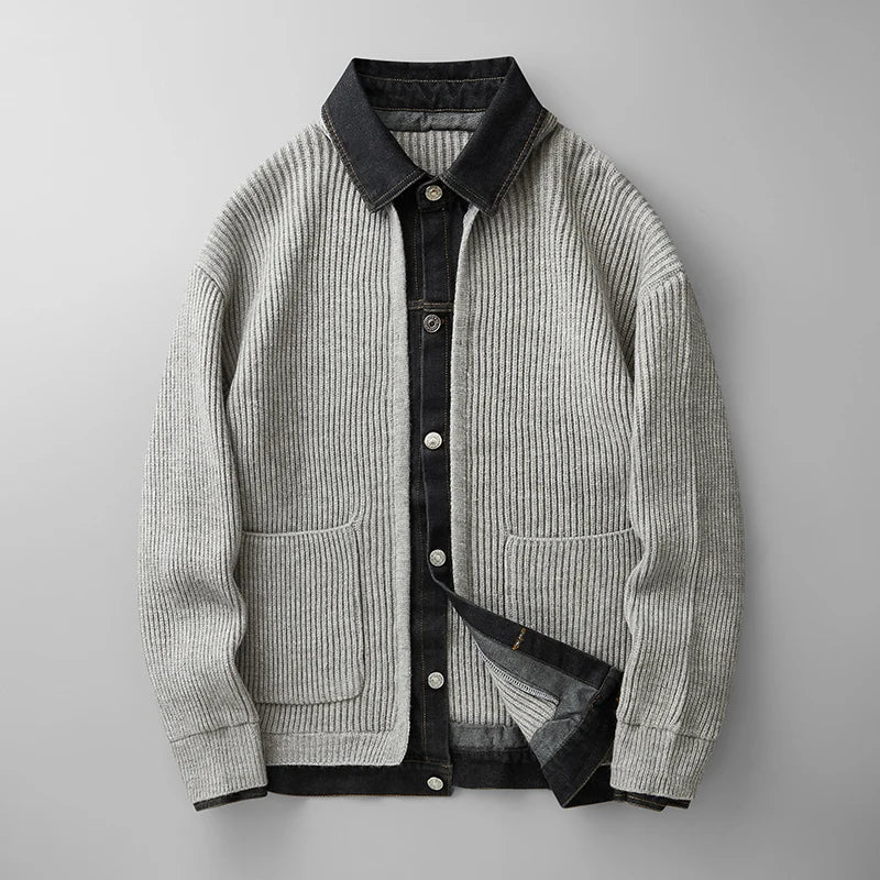 Marco | Men's Ribbed Denim Collar Cardigan Black