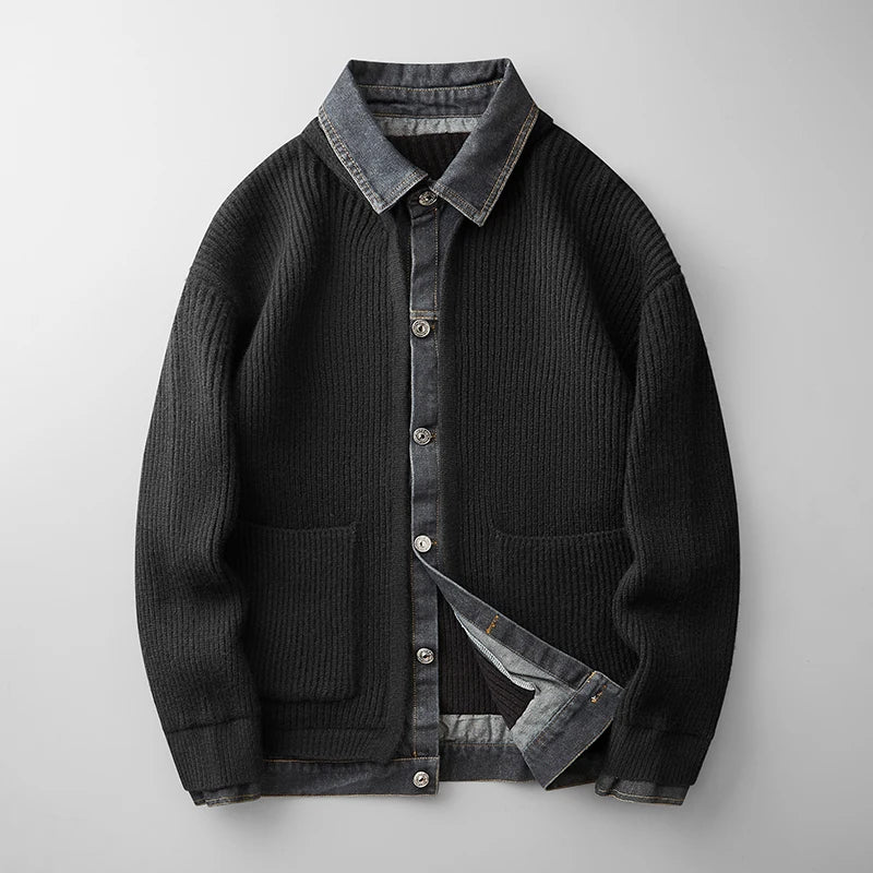 Marco | Men's Ribbed Denim Collar Cardigan Black