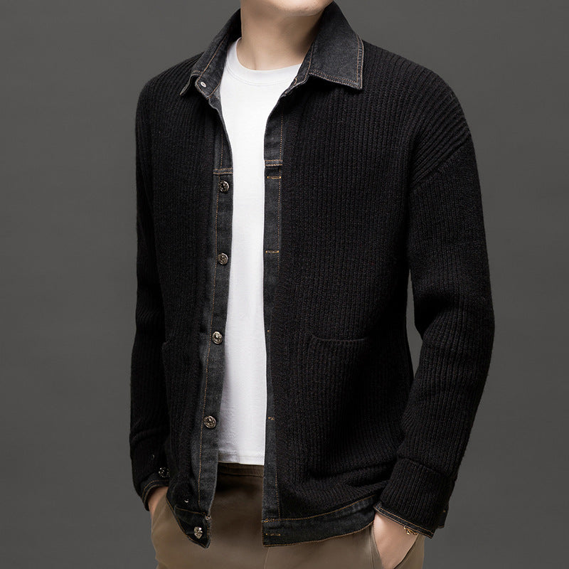 Marco | Men's Ribbed Denim Collar Cardigan Black