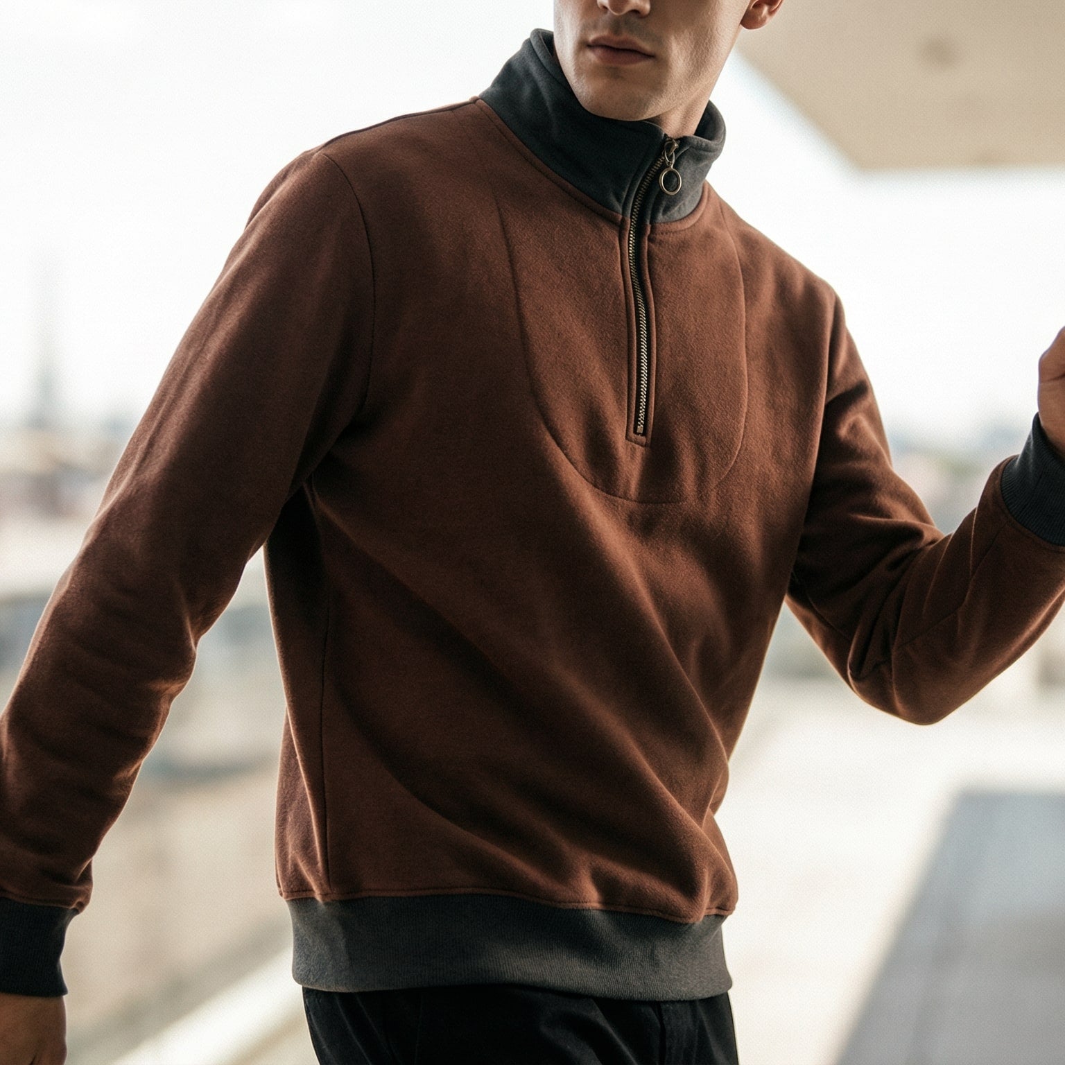 Marco | Men's Quarter Zip Sweater Brown Charcoal Colorblock