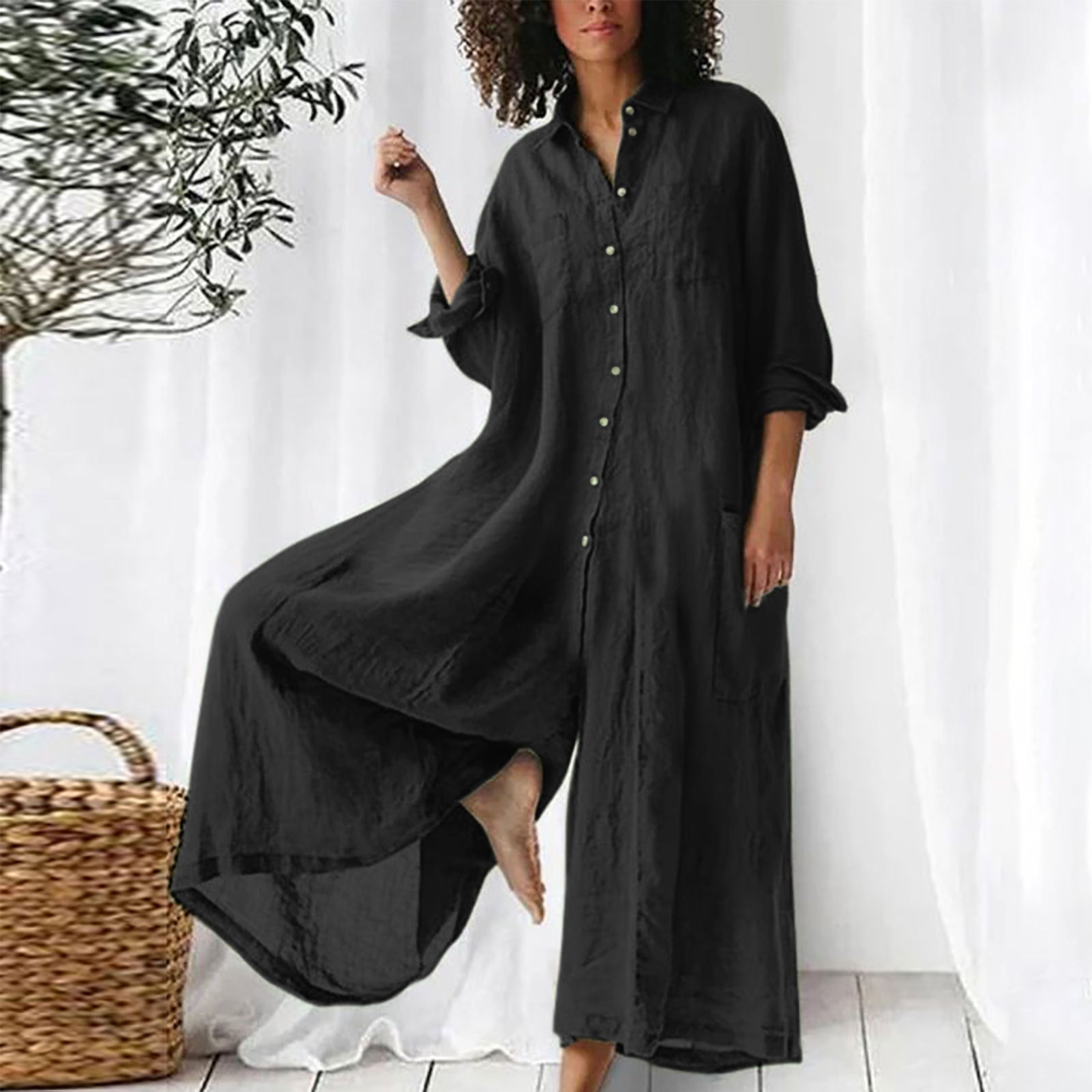 Faye | Women's Linen Button Down Shirt Dress Navy