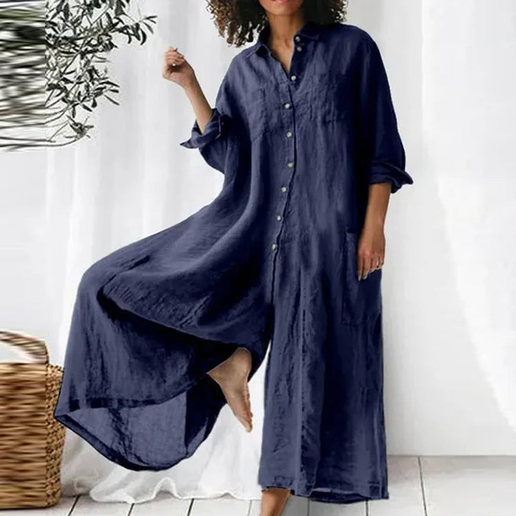 Faye | Women's Linen Button Down Shirt Dress Navy