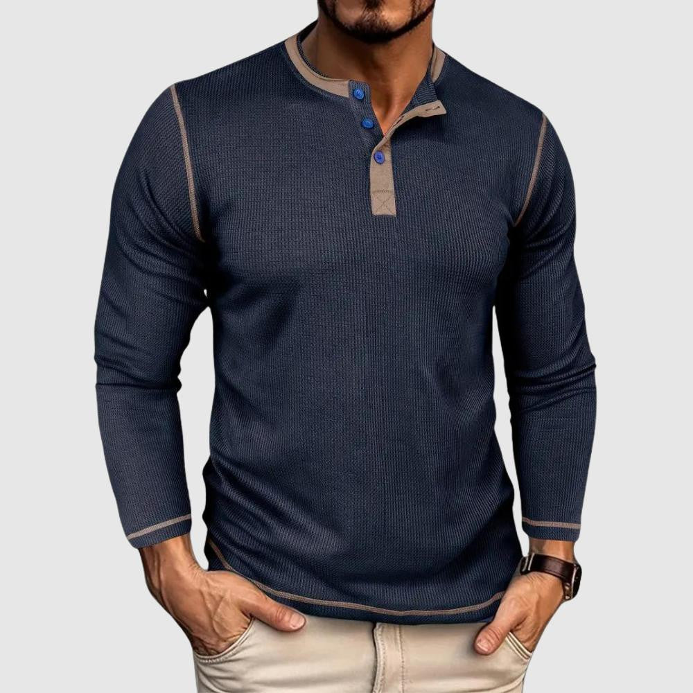 Marco | Men's Casual Ribbed Henley Shirt Black Long Sleeve