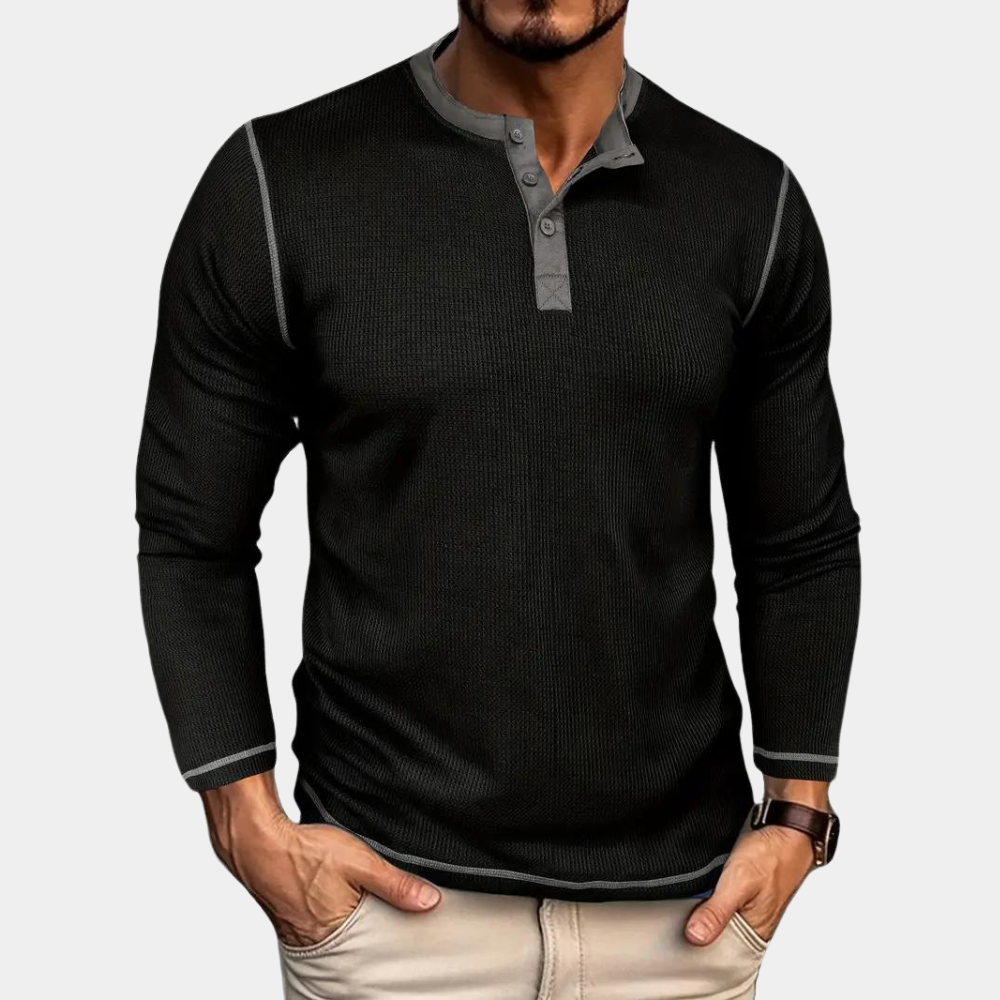 Marco | Men's Casual Ribbed Henley Shirt Black Long Sleeve