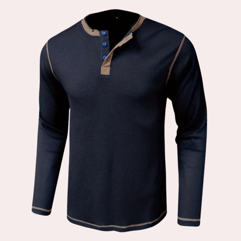 Marco | Men's Casual Ribbed Henley Shirt Black Long Sleeve