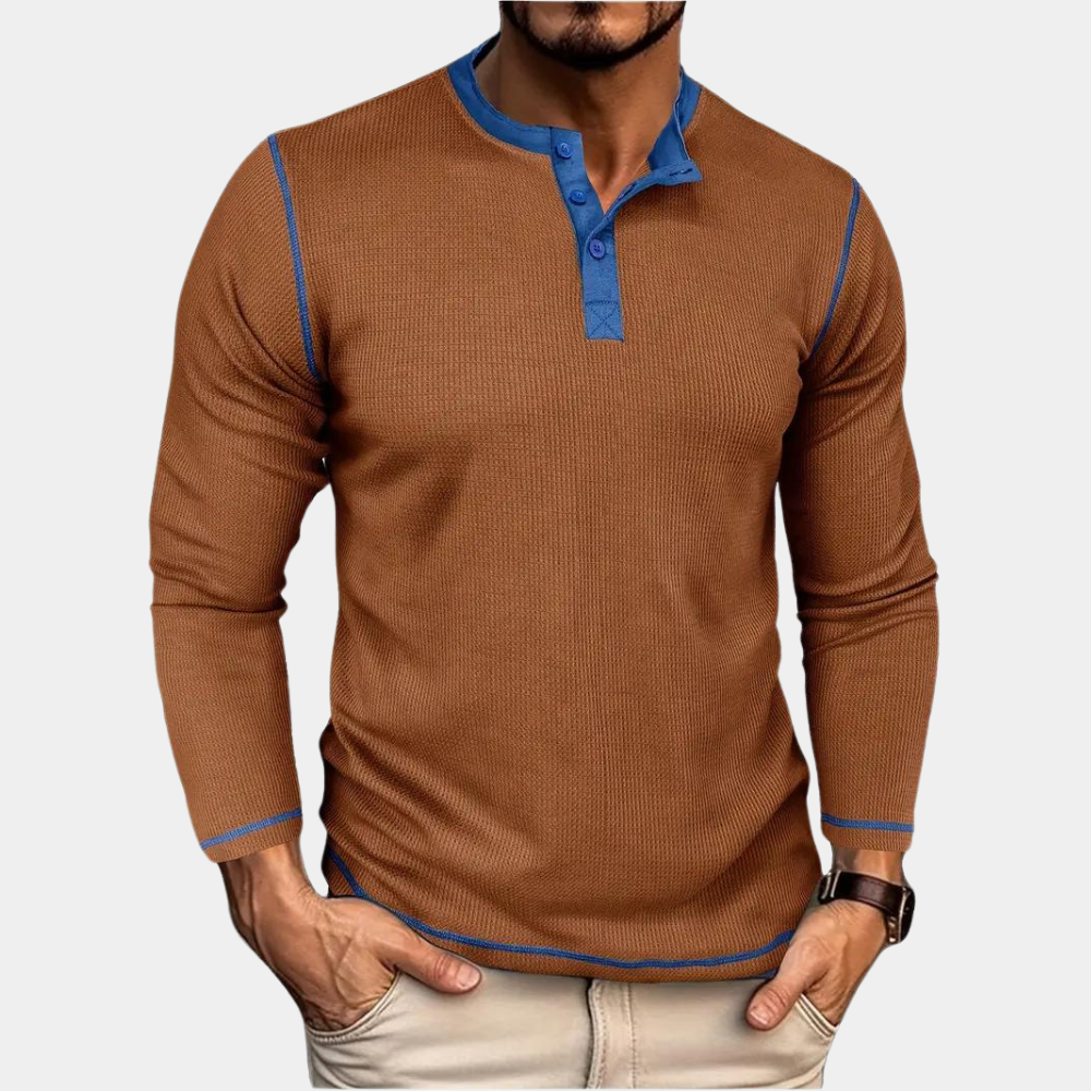 Marco | Men's Casual Ribbed Henley Shirt Black Long Sleeve