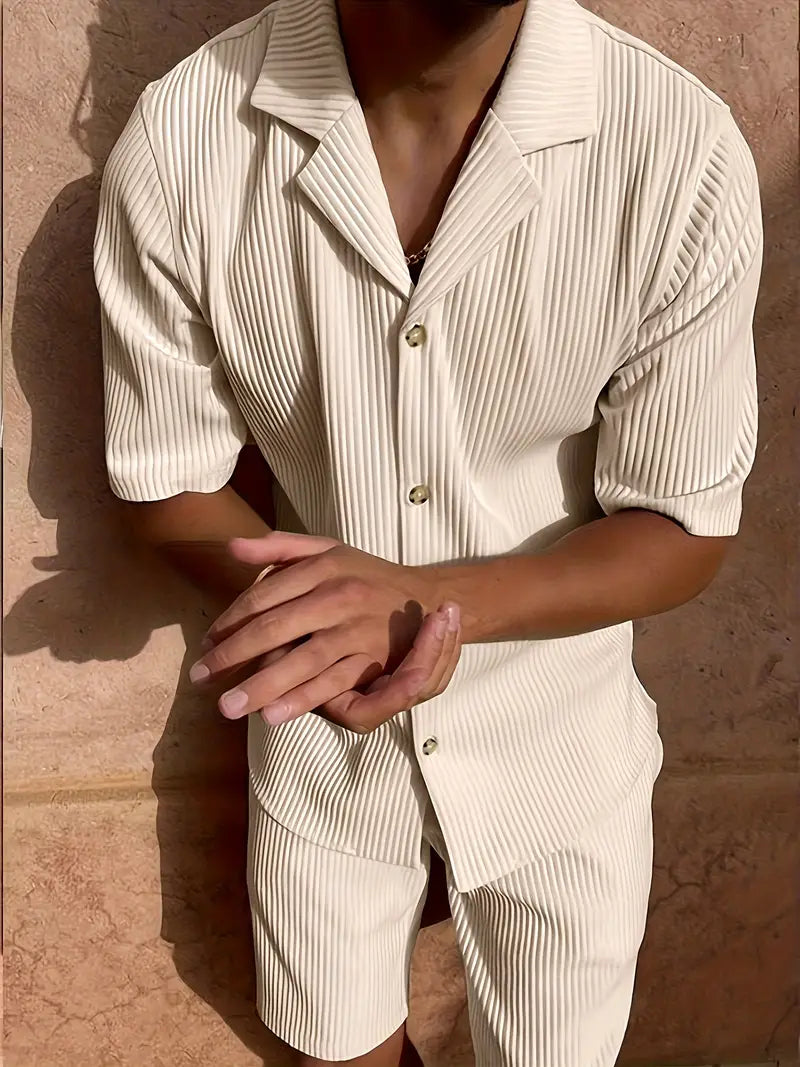 Elise | Men's Ribbed Shorts Set Cream Button Up