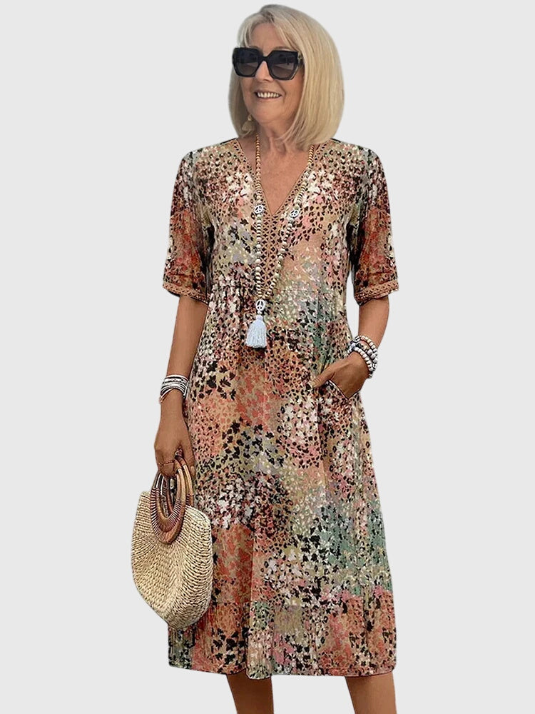 Wren | Women's Floral Midi Dress V Neck Three Quarter Sleeve
