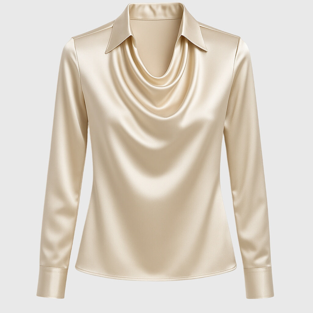 Cora | Women's Satin Blouse Cream Cowl Neck Long Sleeve