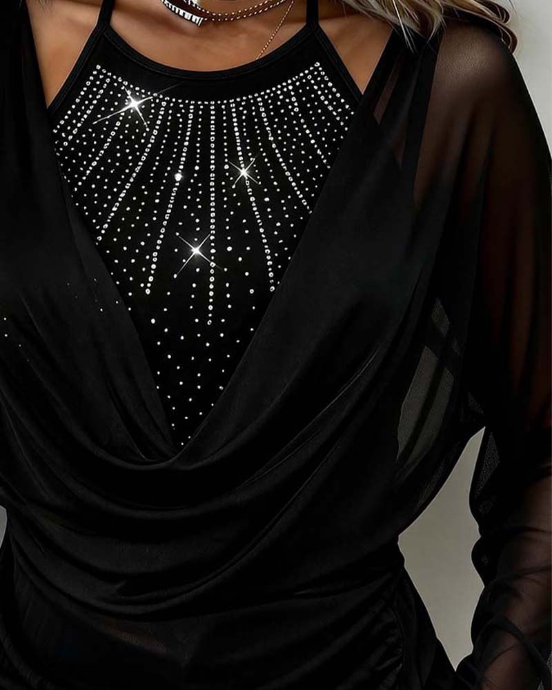 Lola | Women's Sequin Cowl Neck Top Black Sheer Sleeve
