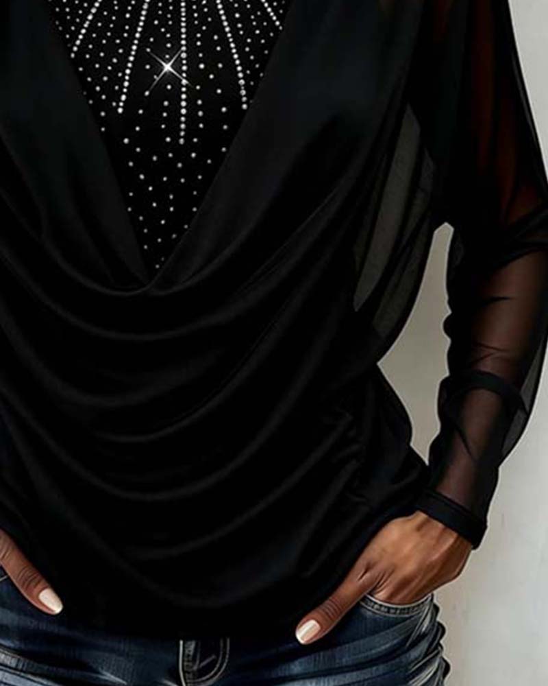 Lola | Women's Sequin Cowl Neck Top Black Sheer Sleeve