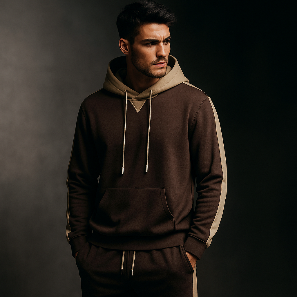 Ryne | Men's Sweatsuit Brown Cream Colorblock Hoodie Set