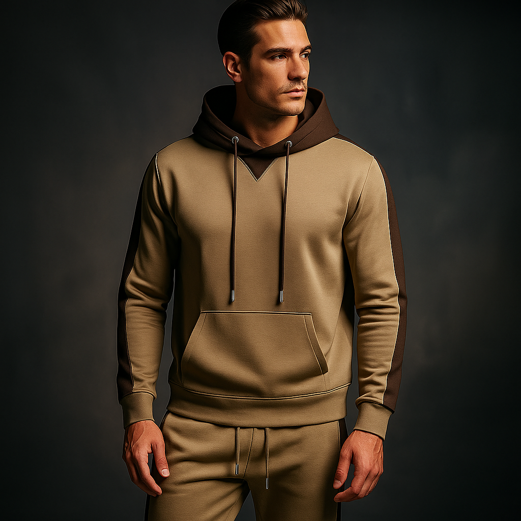 Ryne | Men's Sweatsuit Brown Cream Colorblock Hoodie Set