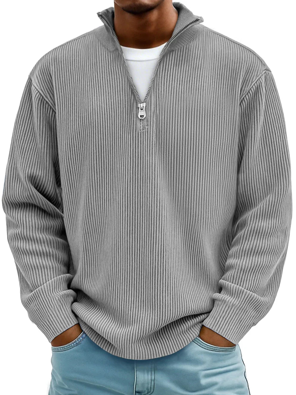 Voss | Men's Quarter Zip Sweater Light Blue Ribbed Knit
