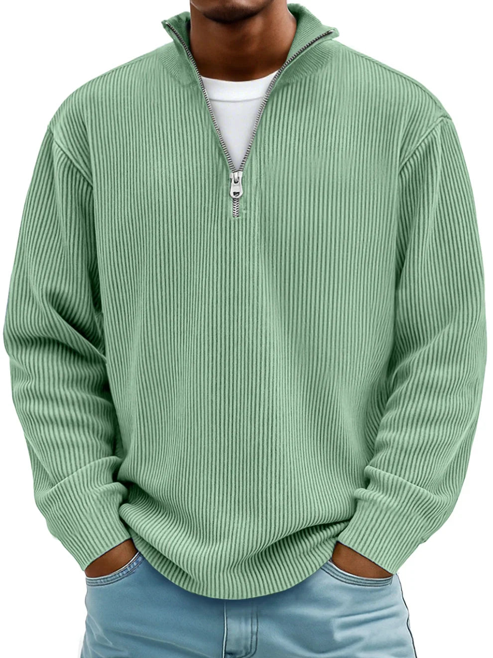Voss | Men's Quarter Zip Sweater Light Blue Ribbed Knit