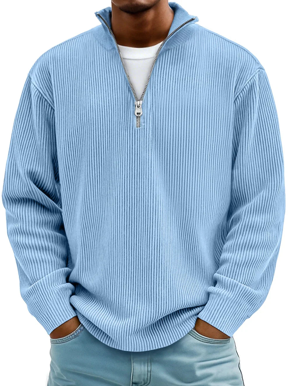 Voss | Men's Quarter Zip Sweater Light Blue Ribbed Knit